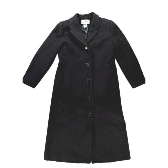Vintage 90's LL Bean Long Trench Coat Wool Cashmere Blend Womens Size 8 Black - Picture 1 of 9